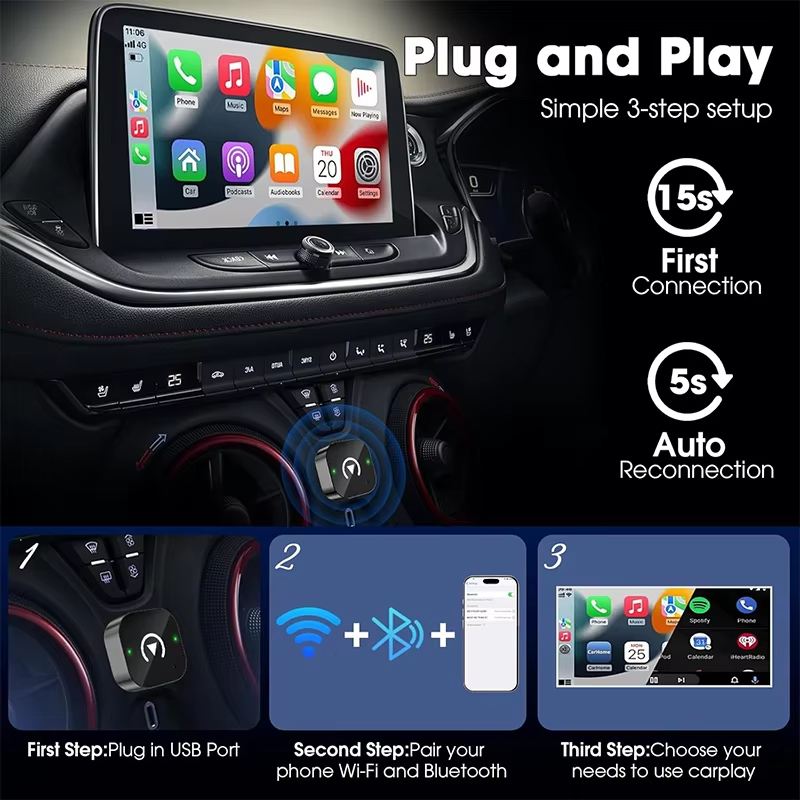 2-in-1 ワイヤレスCarPlayアダプター プラグアン - Car Accessories Usa のレビューと価格